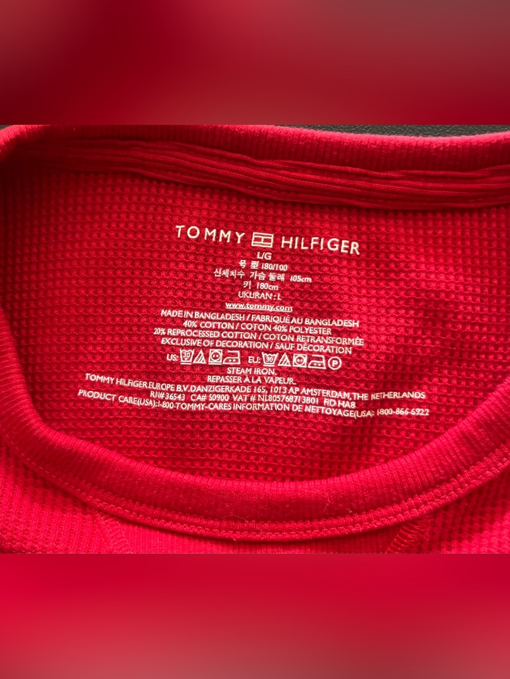 Tommy Hilfiger Red Long Sleeve Waffle-Knit Crew Shirt - Picture 3 of 3